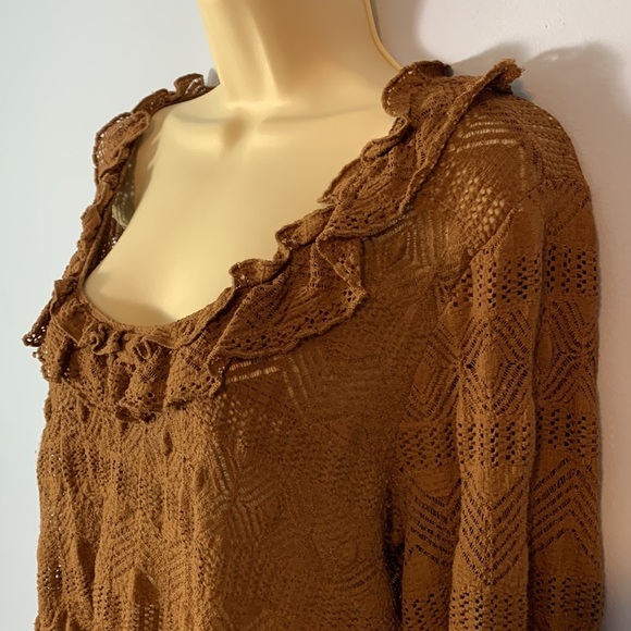 Oscar by Oscar De Larenta Brown Lace mesh Top blouse scoop neck ruffle trim XL - Picture 4 of 8